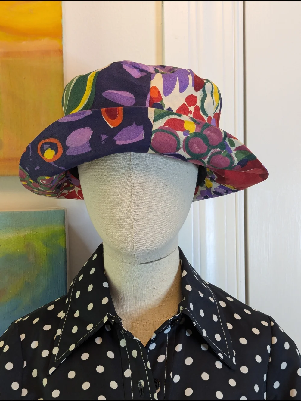 Vintage 1990s Multicolor Floral Bucket Hat with Purple Bow